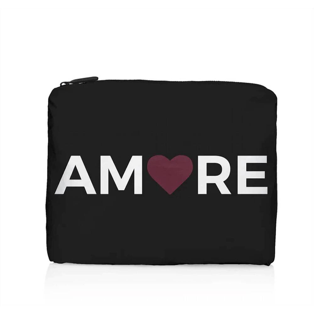 NEW HI LOVE TRAVEL women's zipper pouch in black with amore